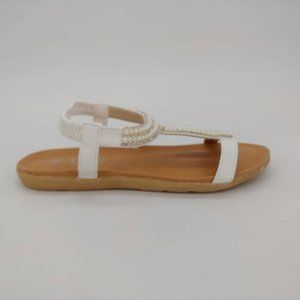 Karyns Womens Ankle‎ Strap Sandals White Brown Beaded Elastic 8 New